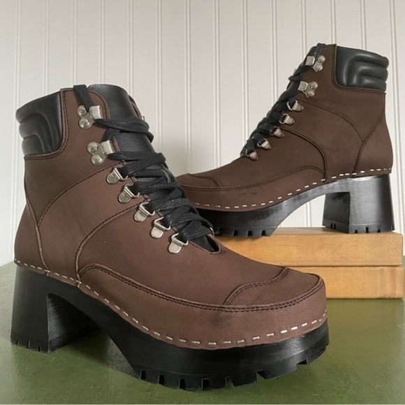 NWT Swedish Hasbeens TRAIL BOOTS in Brown/Black Nubuck w Wooden Heels - Picture 15 of 15